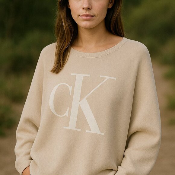 Calvin Klein Jeans Sweaters - Calvin Klein Jeans Medium Beige Logo Dolman Sleeve Preppy 90s Cozy Sweater